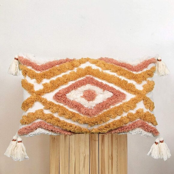 Pink/Orange Tassel Throw Pillow Covers 18x18, 12x20 Woven Tufted Living Room/Bed - Picture 13 of 16